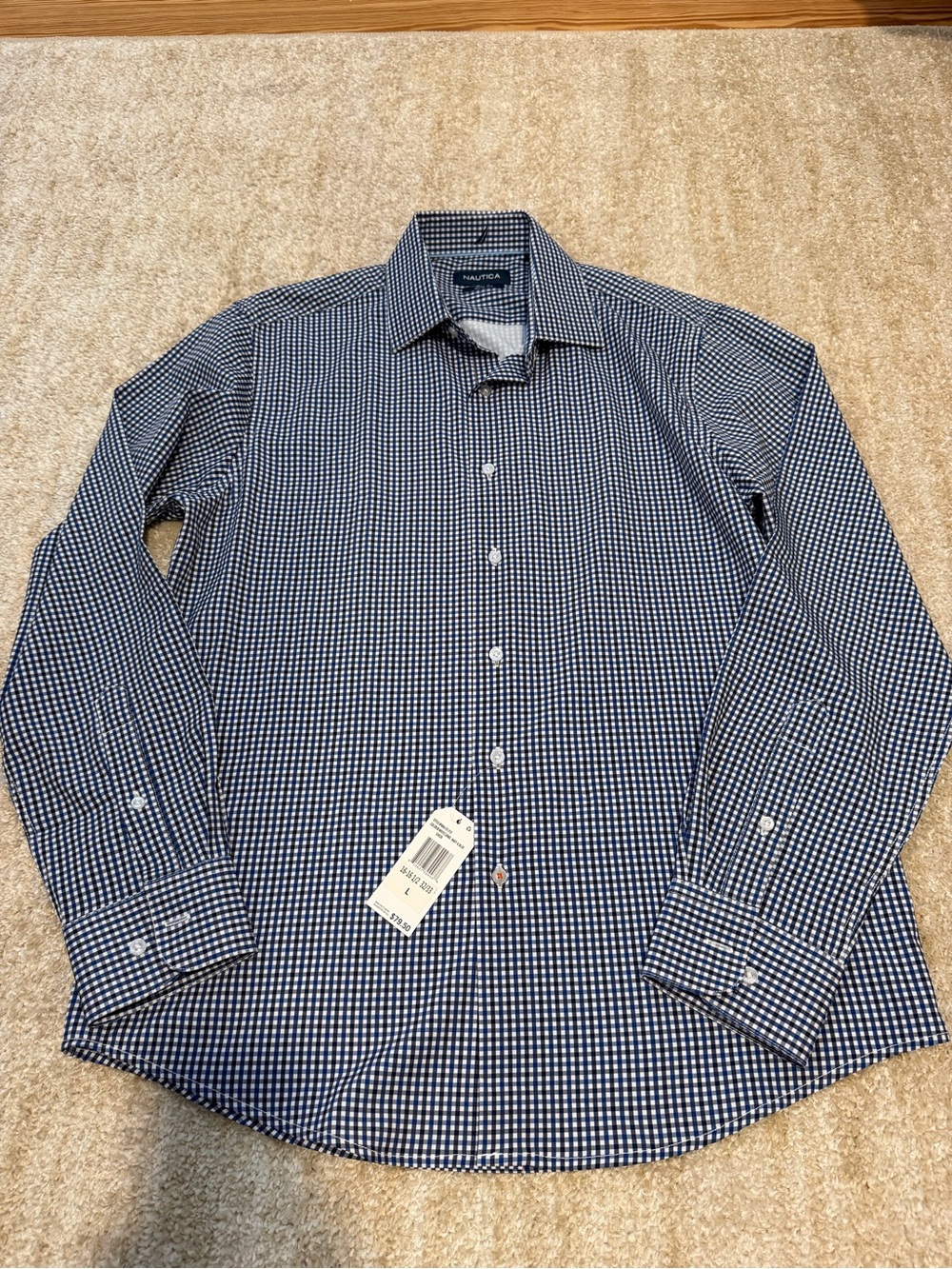 Nautica Men’s Navy and White Gingham Button-Down Dress Shirt